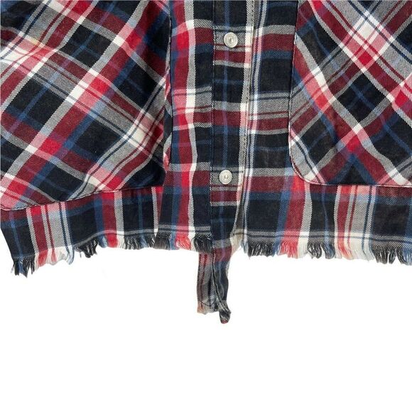 ZARA Cropped Plaid Shirt Black Red Snap Front Raw Hem Size S Oversized Relaxed - Picture 4 of 7